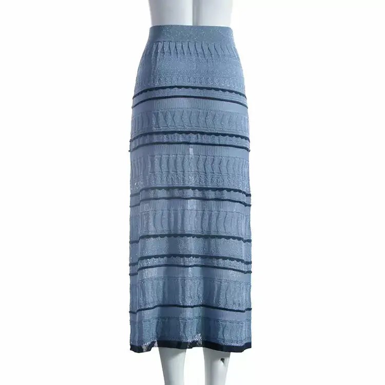 Sky Blue Striped A-Line Knit Skirt