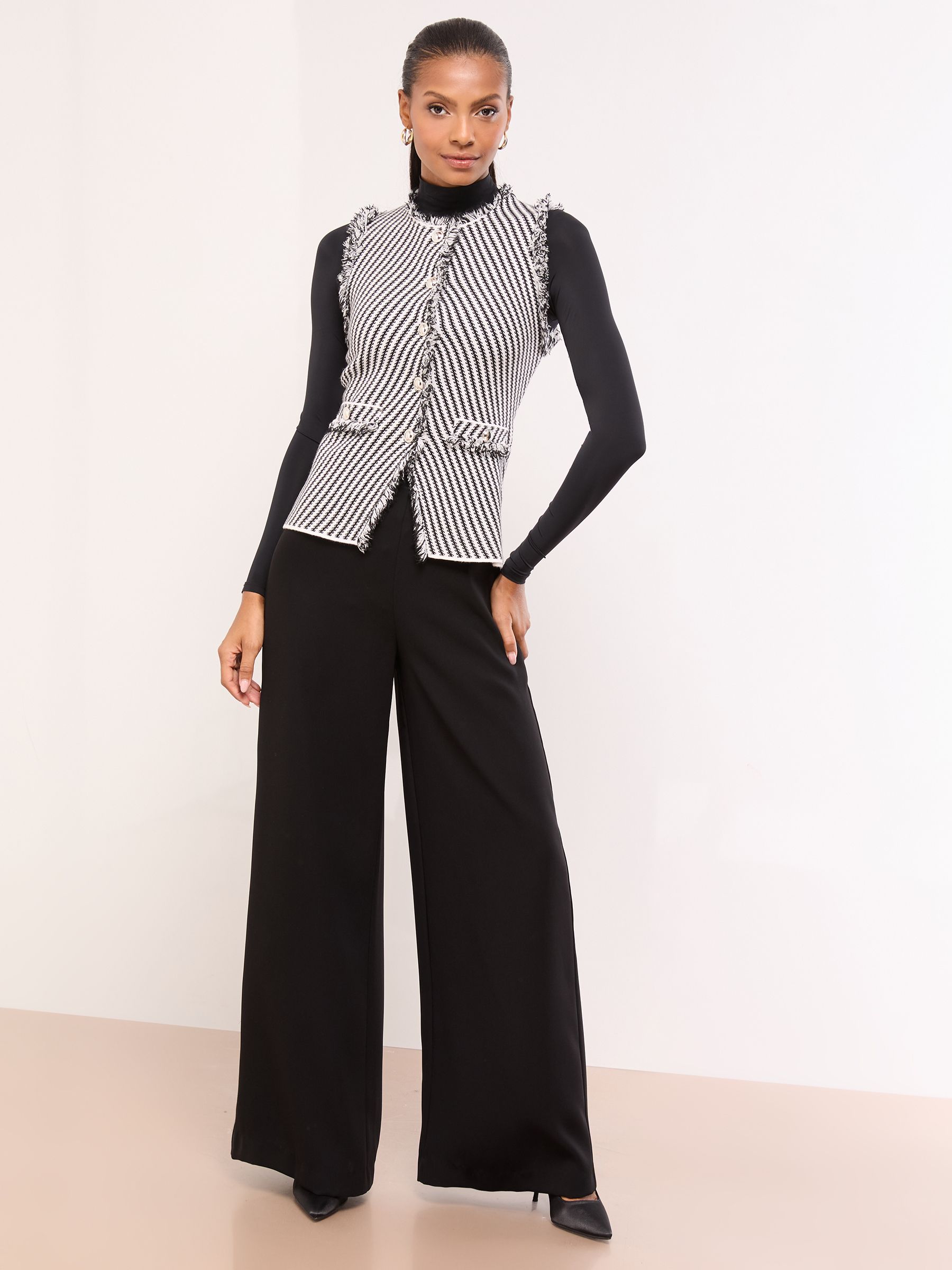White Fringe Detail Longline Buttoned Stripe Smart Knitted Waistcoat