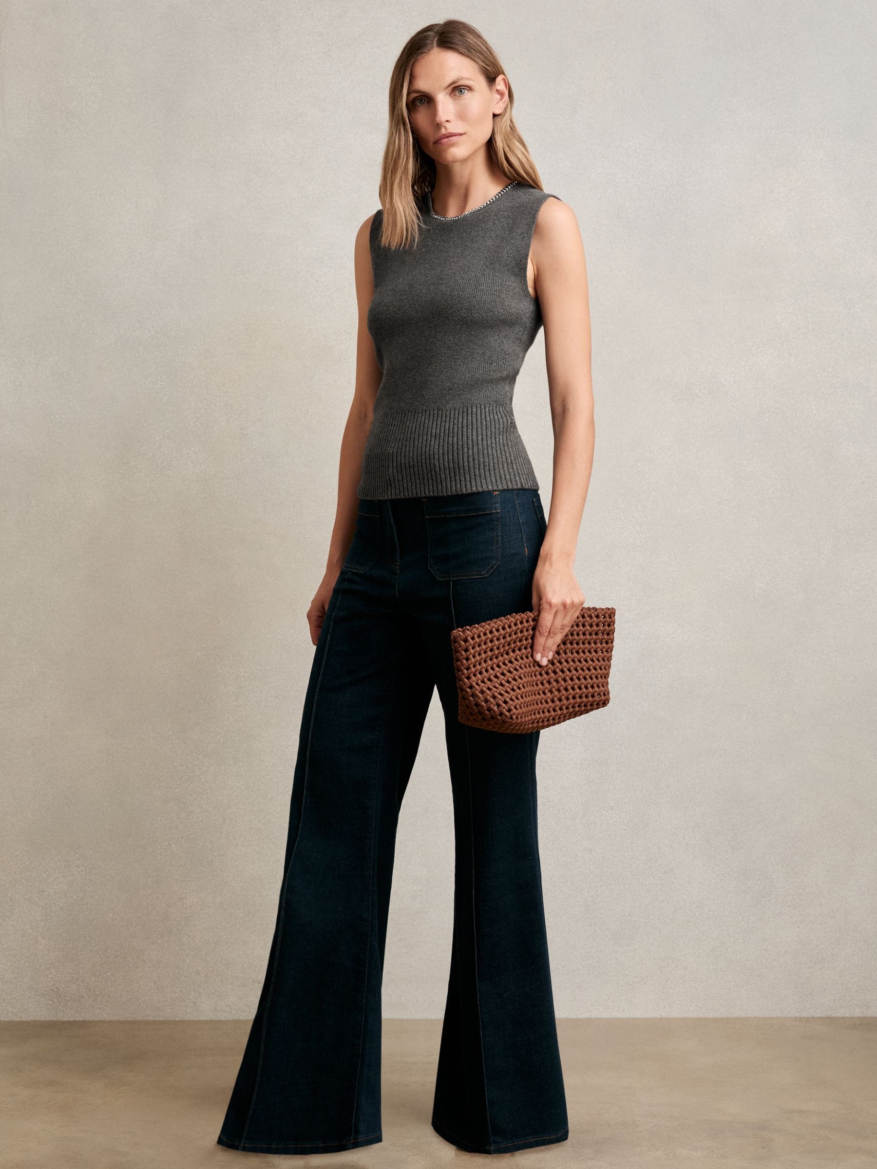 Charcoal Grey Nina Wool-Blend Necklace-Trim Knitted Vest