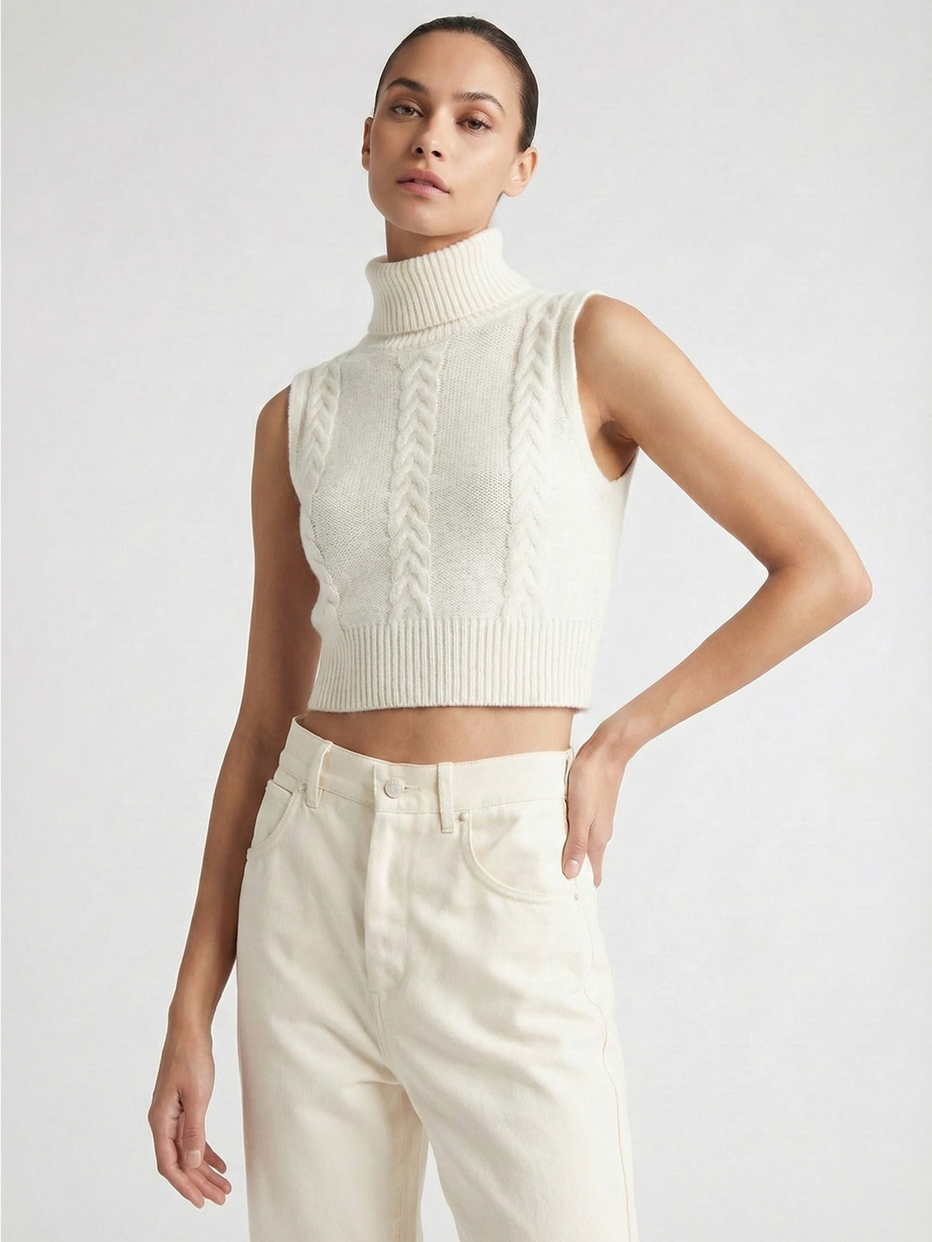Classic Cable Knit Sleeveless Turtleneck Vest