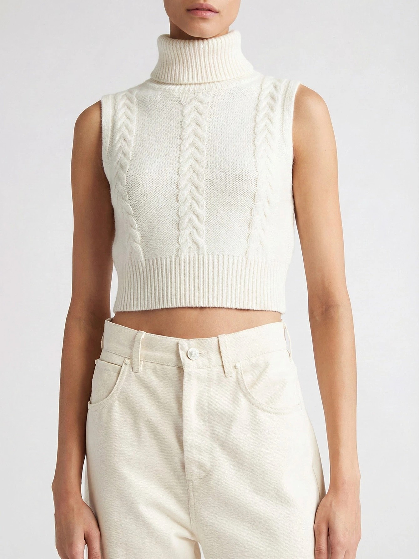 Classic Cable Knit Sleeveless Turtleneck Vest