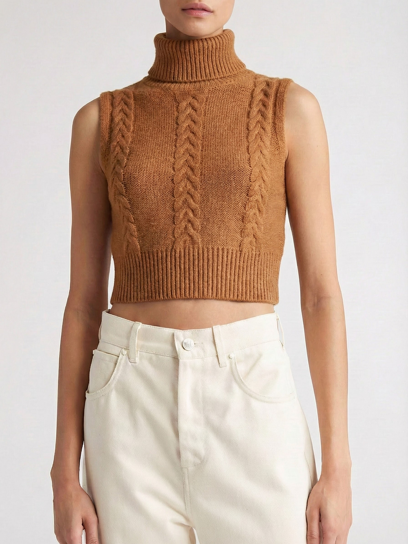 Classic Cable Knit Sleeveless Turtleneck Vest