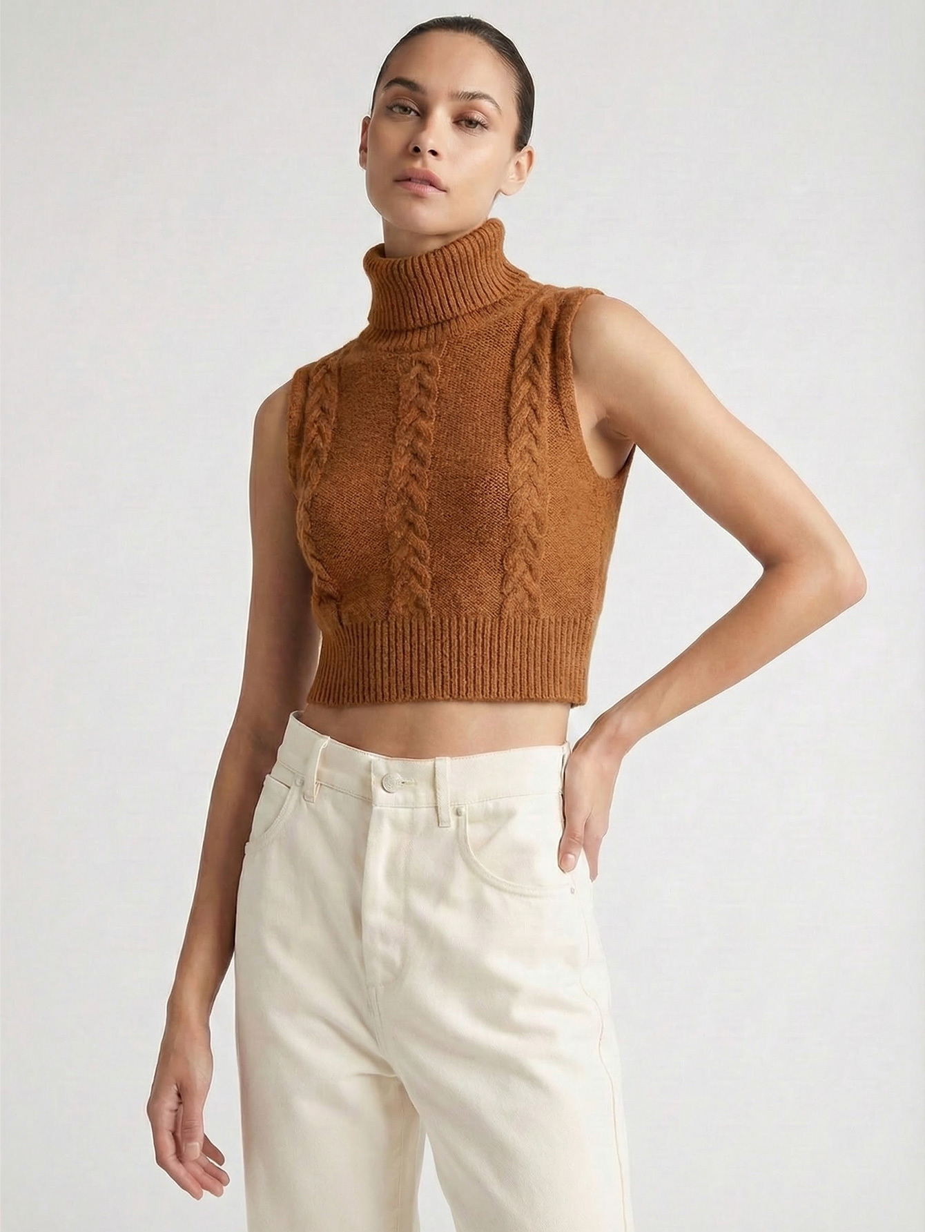 Classic Cable Knit Sleeveless Turtleneck Vest