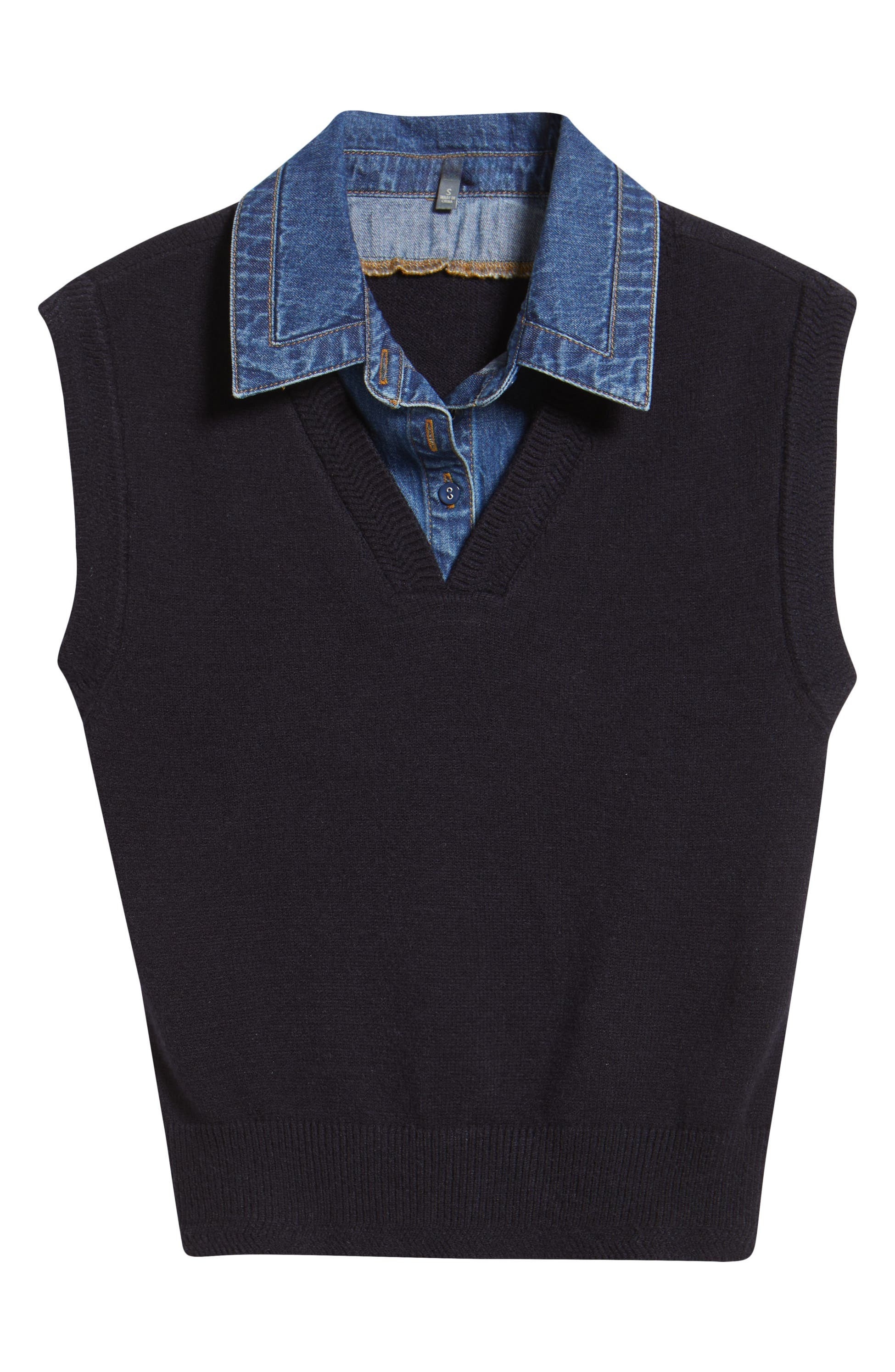 Mixed Media Denim-Collar Sweater Vest