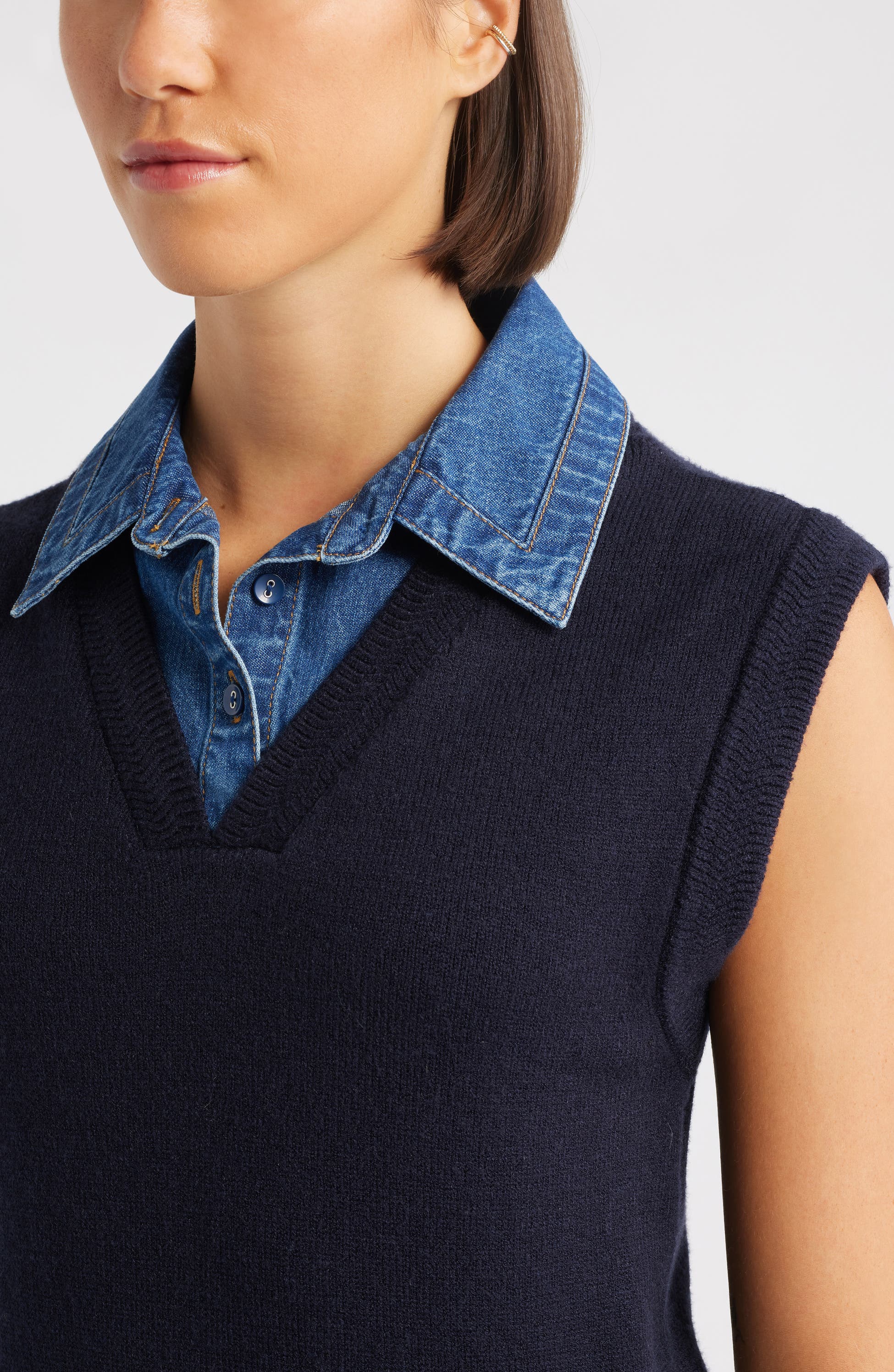 Mixed Media Denim-Collar Sweater Vest