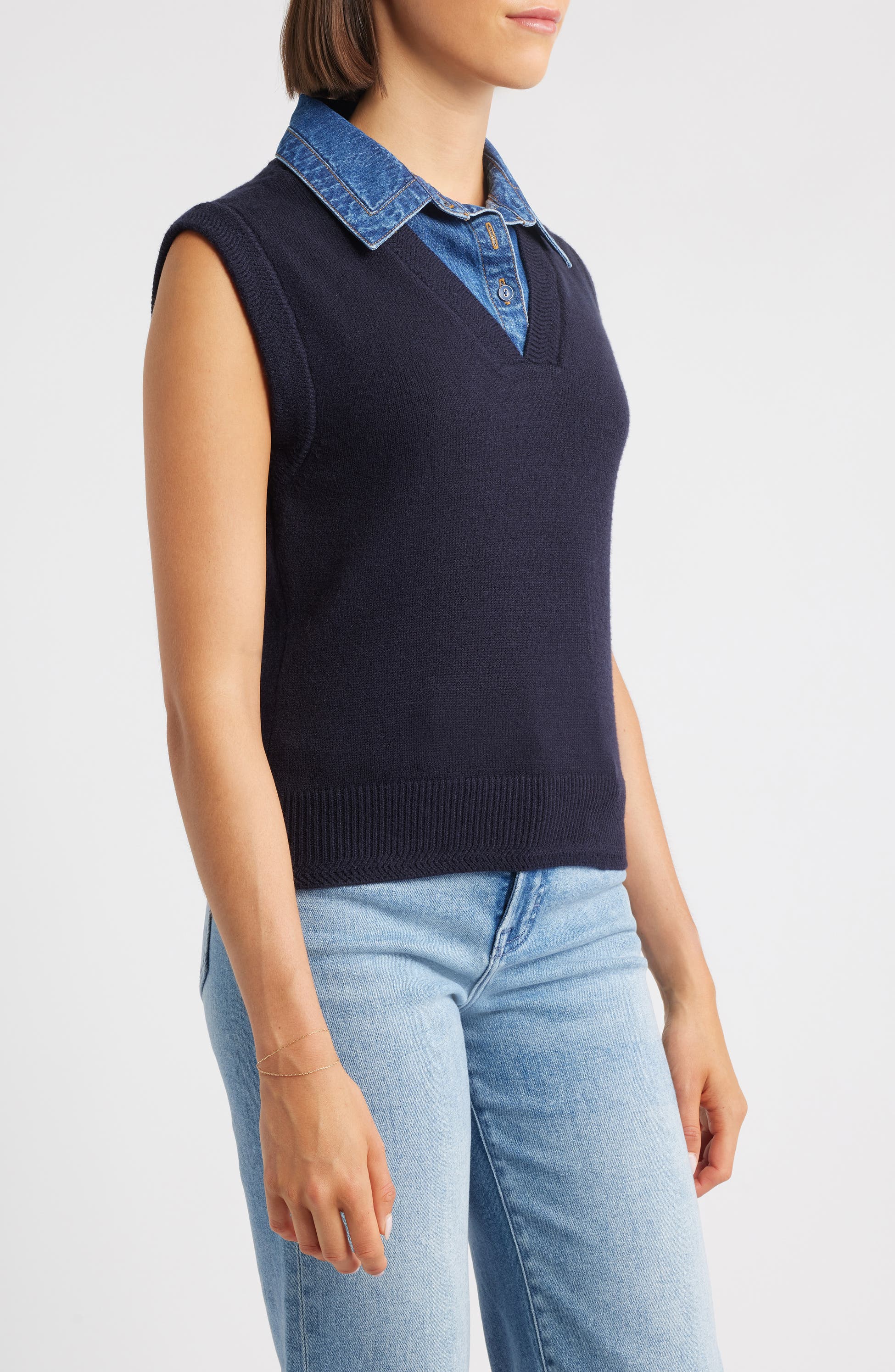 Mixed Media Denim-Collar Sweater Vest