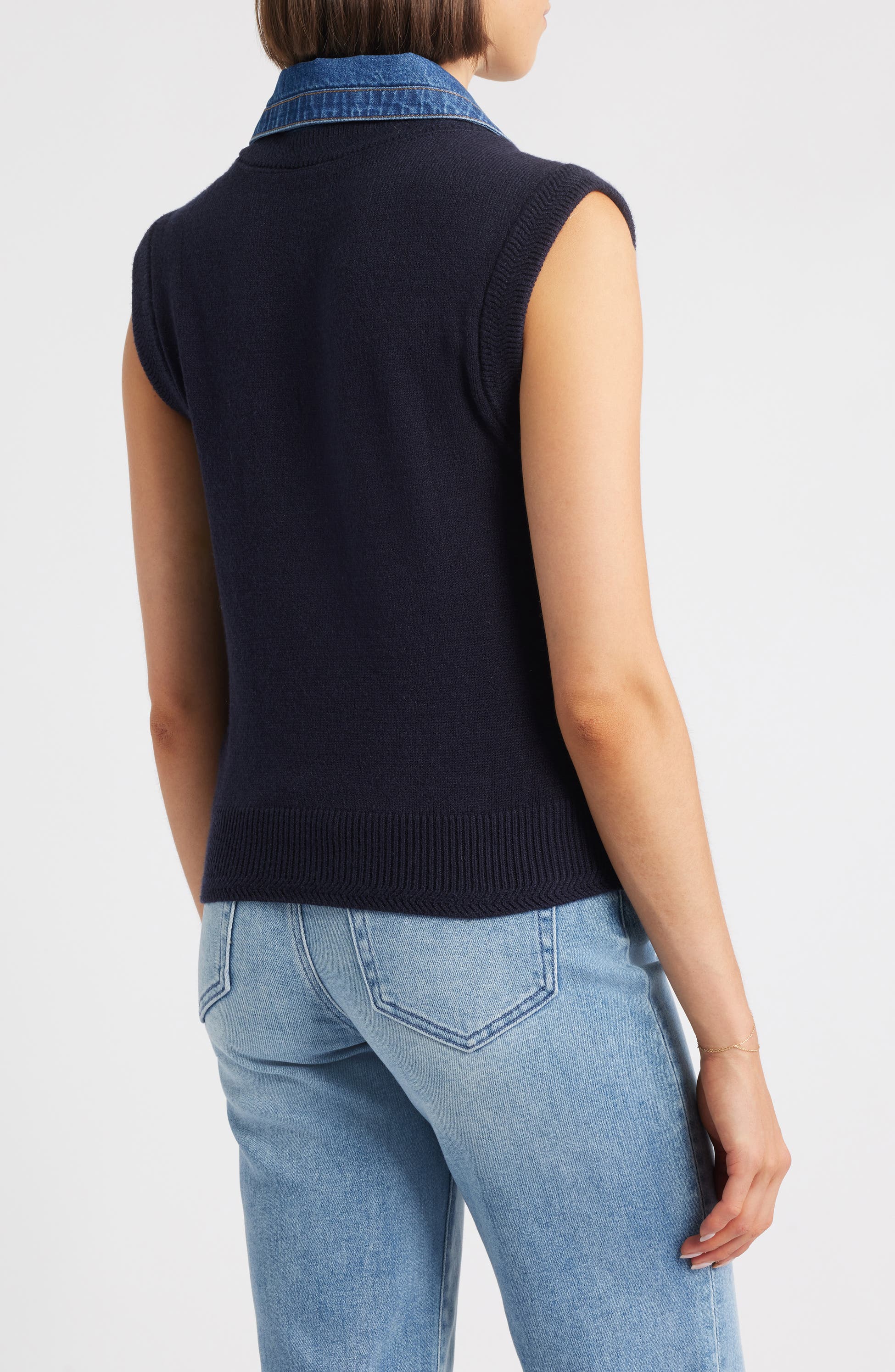 Mixed Media Denim-Collar Sweater Vest