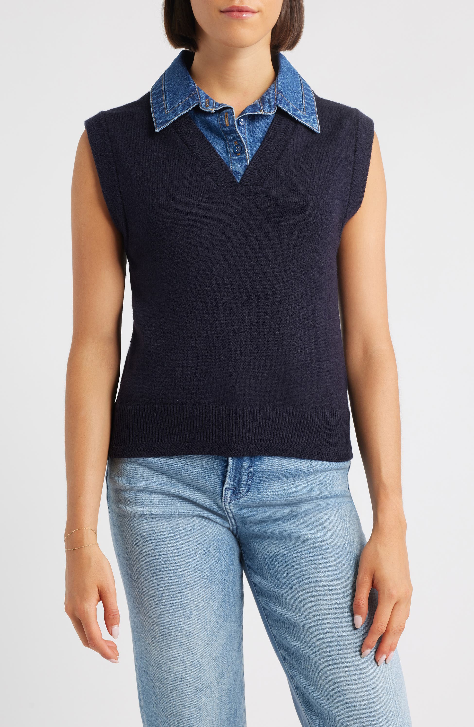 Mixed Media Denim-Collar Sweater Vest