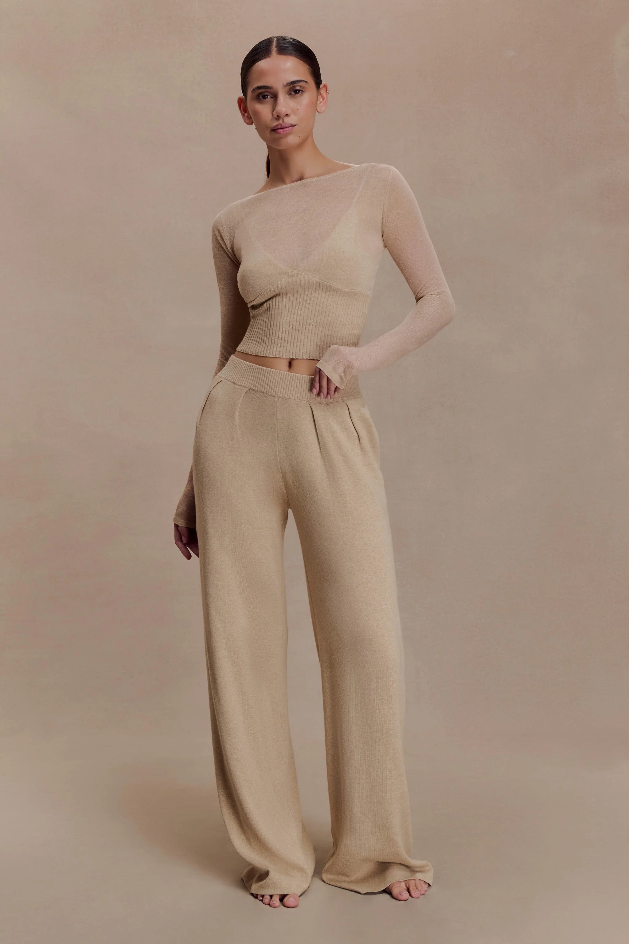 Gathered Silk Blend Knit Pants – Sand