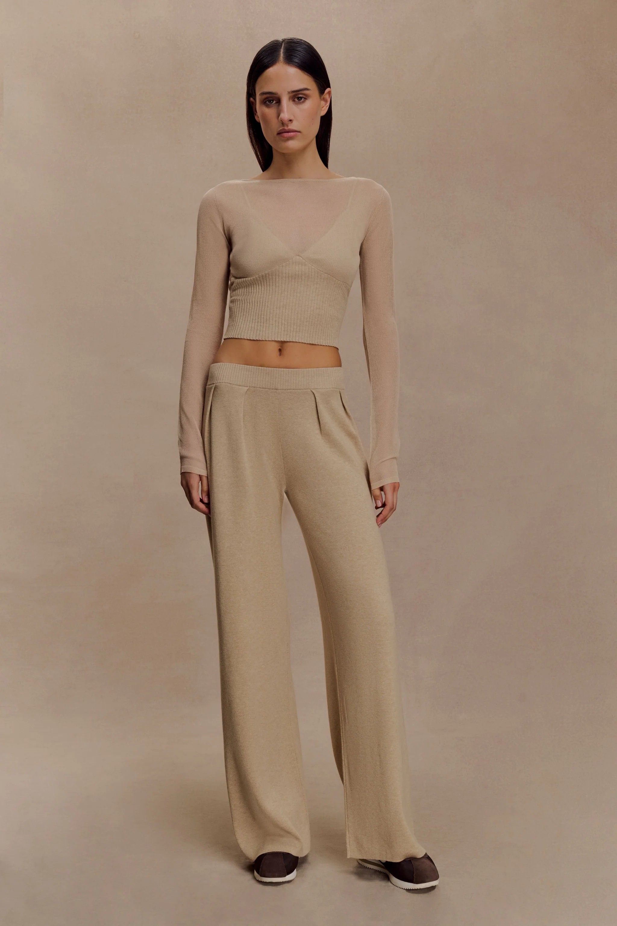 Gathered Silk Blend Knit Pants – Sand