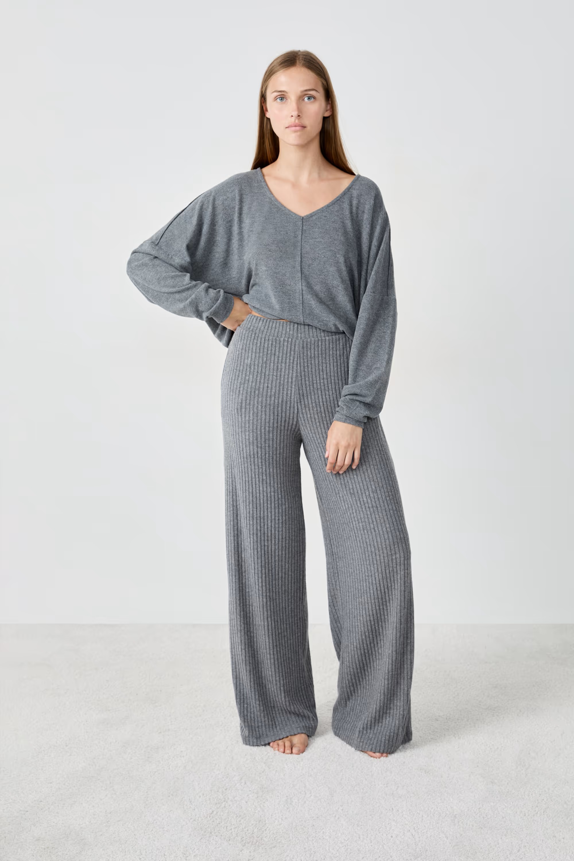 Wide Ribbed Pyjama Trousers (Anthracite)