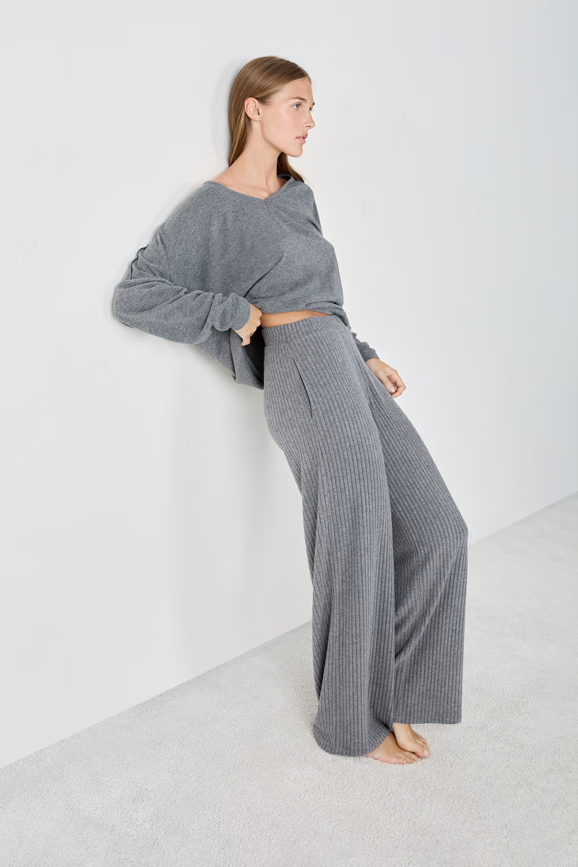 Wide Ribbed Pyjama Trousers (Anthracite)