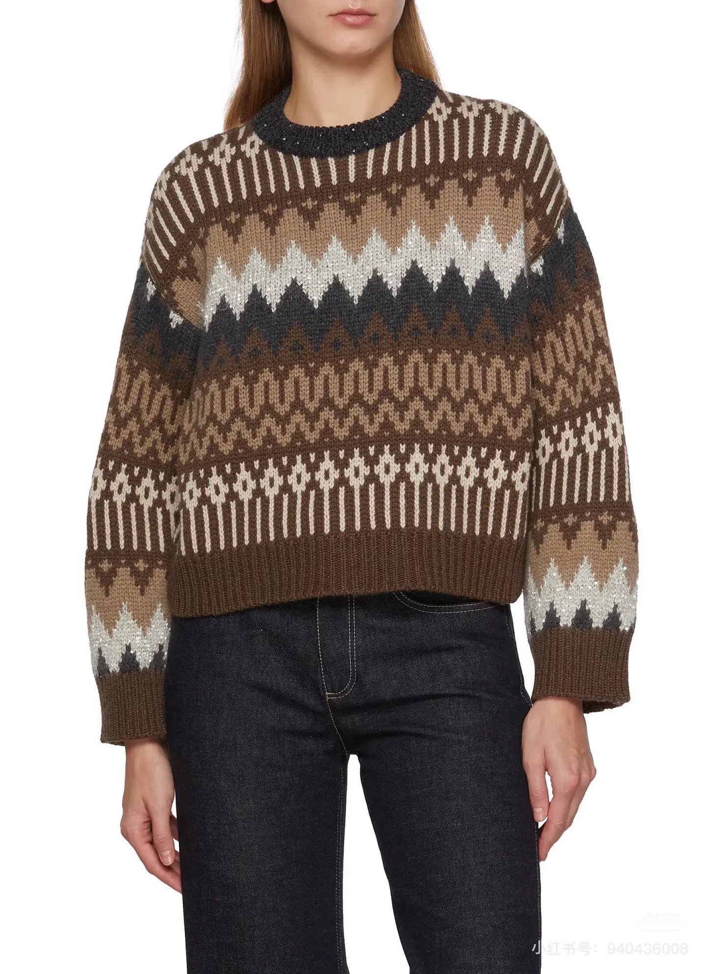 Jacquard Patterned Wool Crew Neck Sweater