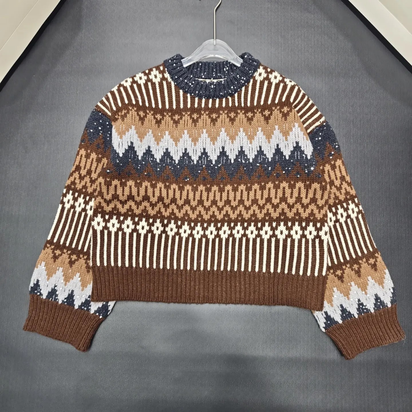 Jacquard Patterned Wool Crew Neck Sweater