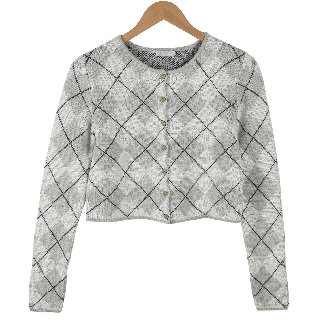 Argyle Jacquard Knit Cropped Cardigan