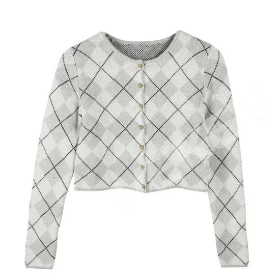 Argyle Jacquard Knit Cropped Cardigan