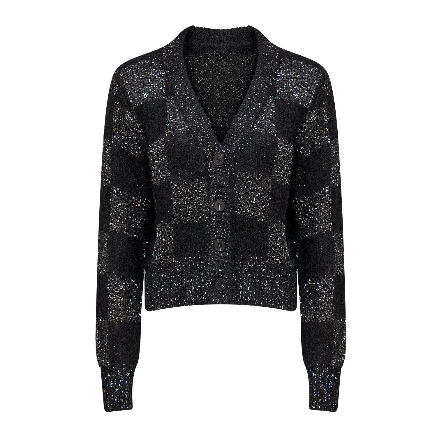 Black Sequin-Embellished V-Neck Plaid Cardigan