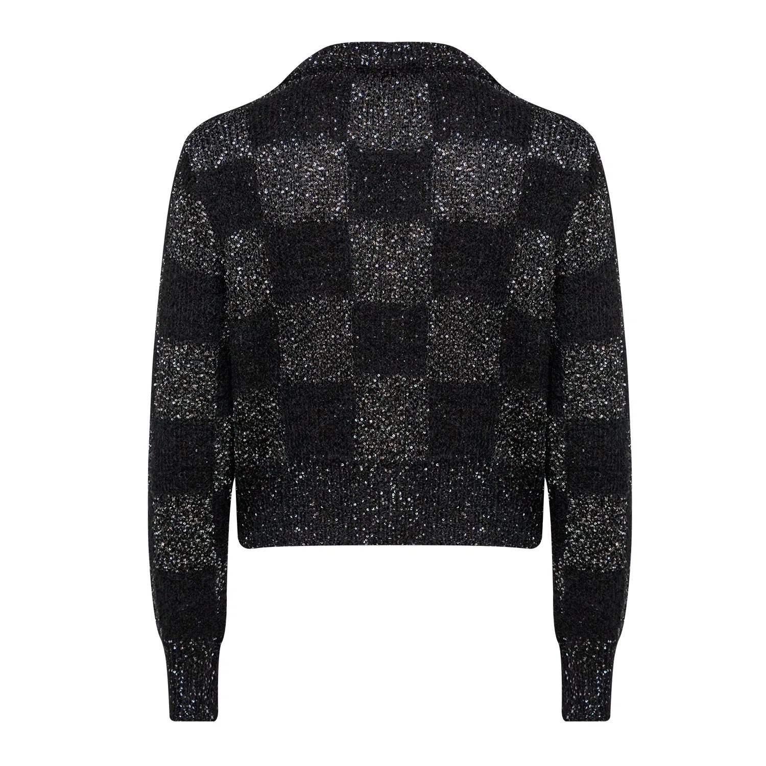Black Sequin-Embellished V-Neck Plaid Cardigan