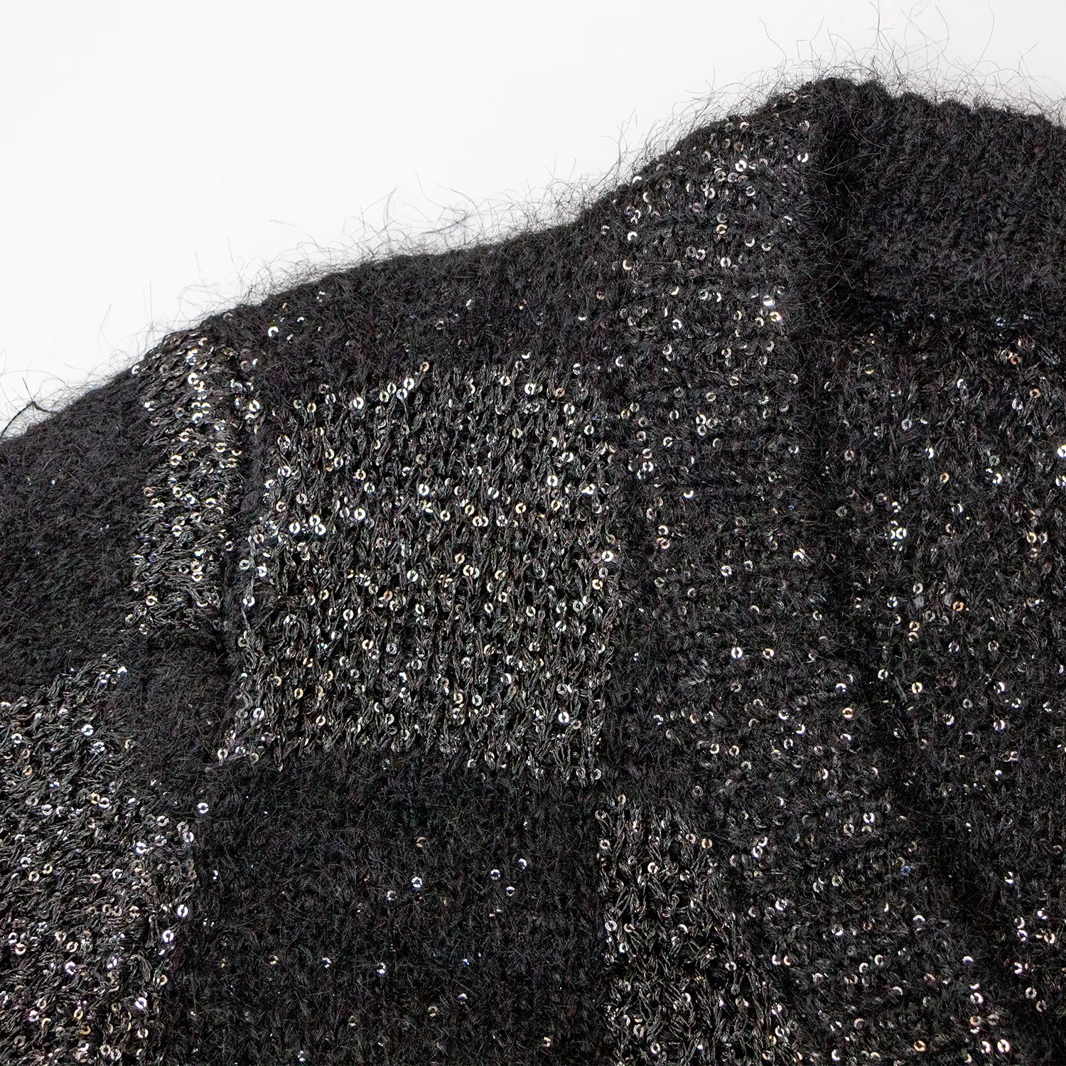 Black Sequin-Embellished V-Neck Plaid Cardigan
