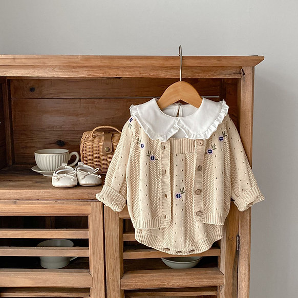 Beige Organic Cotton Viola Embroidery Baby Set