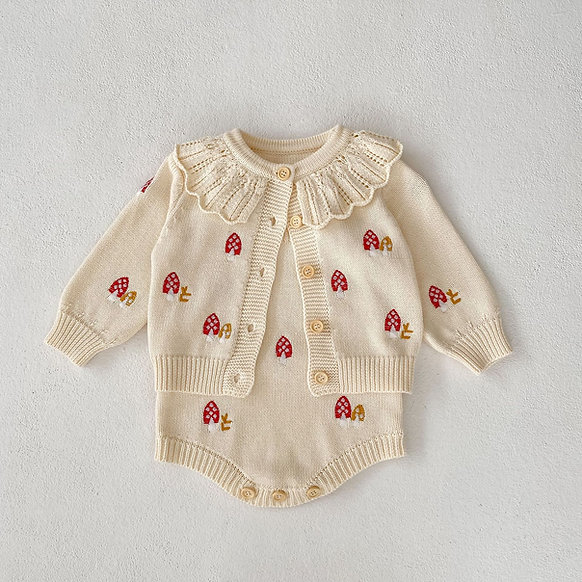 Cream Organic Cotton Mushroom Embroidery Baby Set