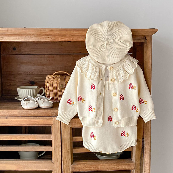 Cream Organic Cotton Mushroom Embroidery Baby Set