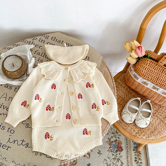 Cream Organic Cotton Mushroom Embroidery Baby Set