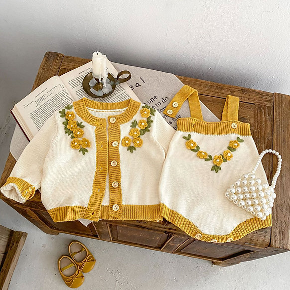Cream and Sunny Yellow Floral Baby Romper Set
