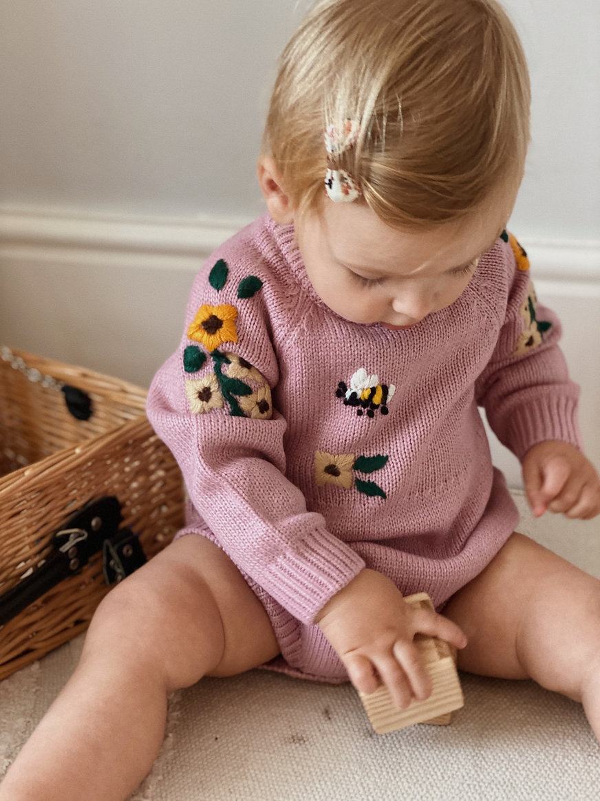 Premium Embroidered Bee and Floral Baby Romper