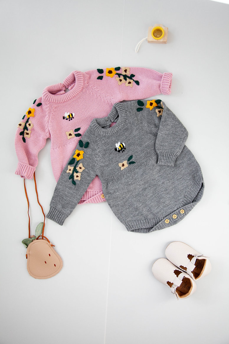 Premium Embroidered Bee and Floral Baby Romper