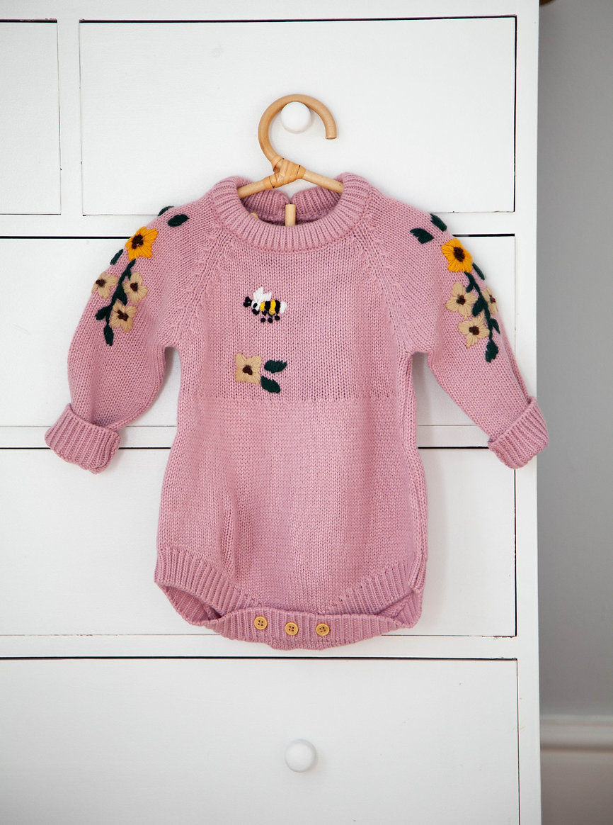 Premium Embroidered Bee and Floral Baby Romper