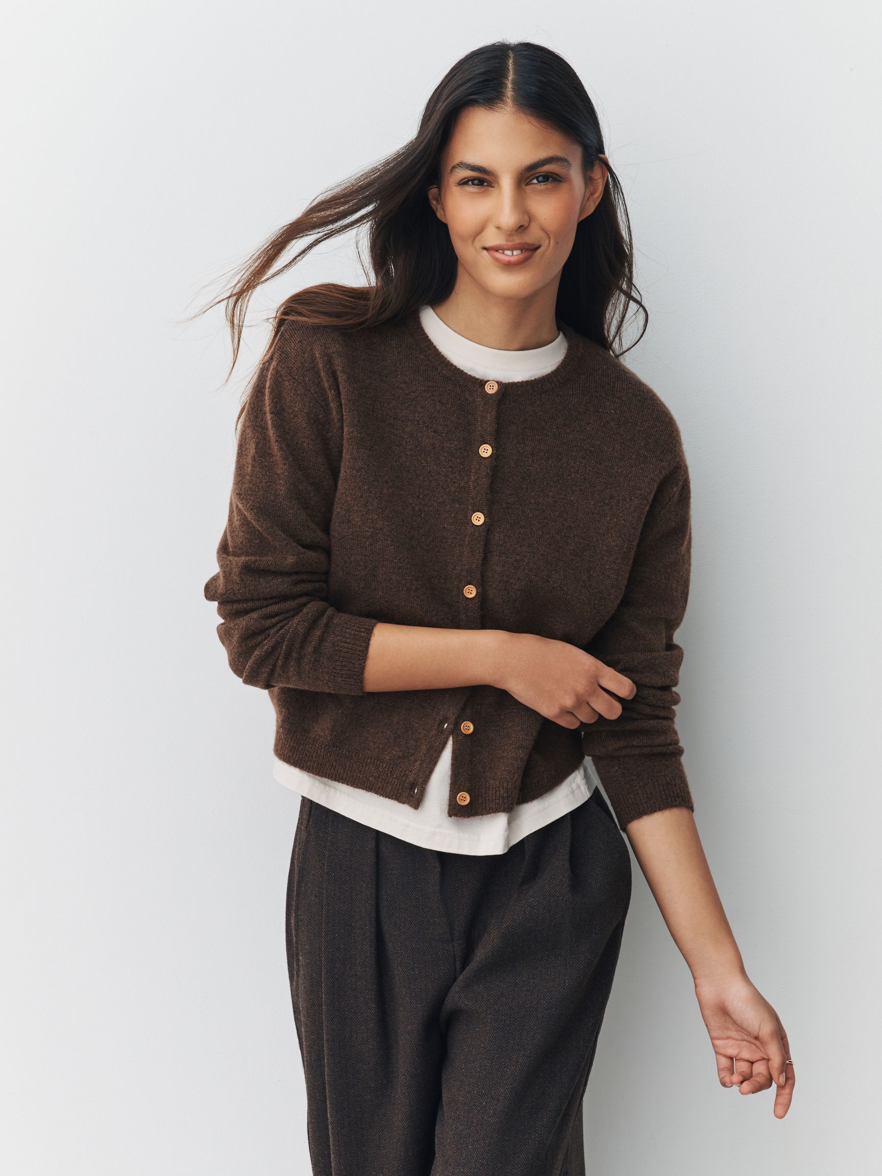 Chocolate Brown Crew Neck Wool-Blend Cardigan