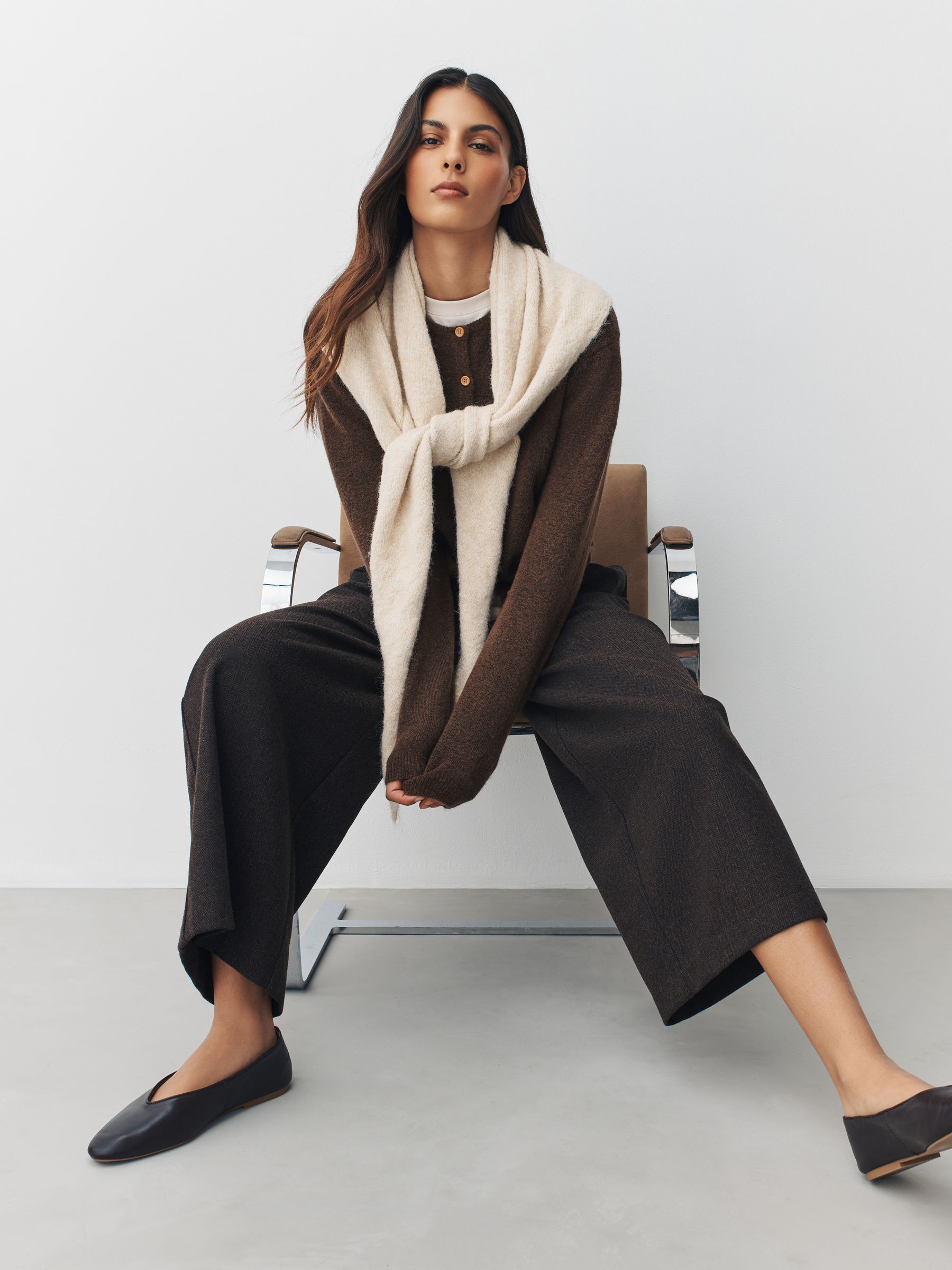 Chocolate Brown Crew Neck Wool-Blend Cardigan