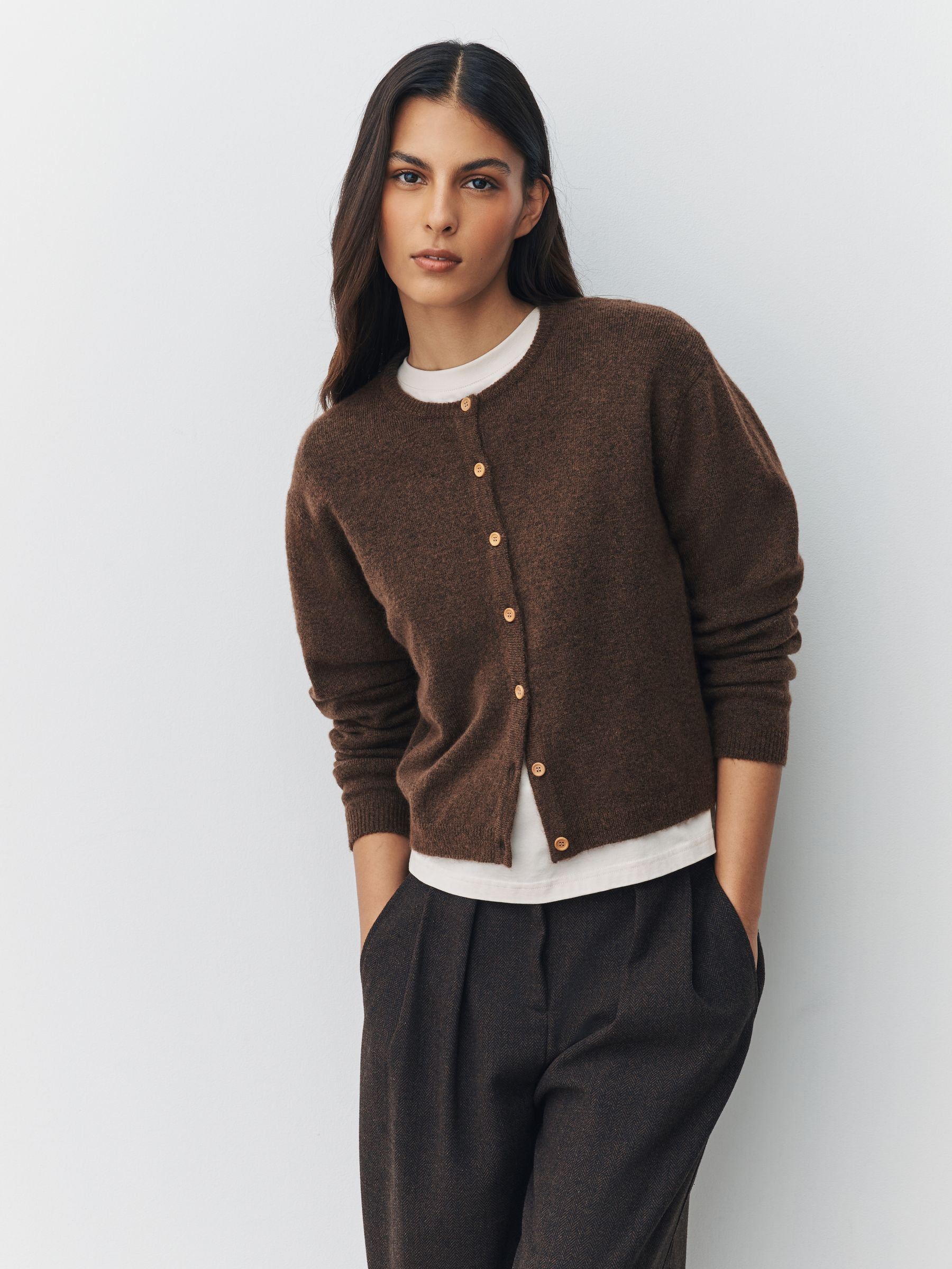 Chocolate Brown Crew Neck Wool-Blend Cardigan