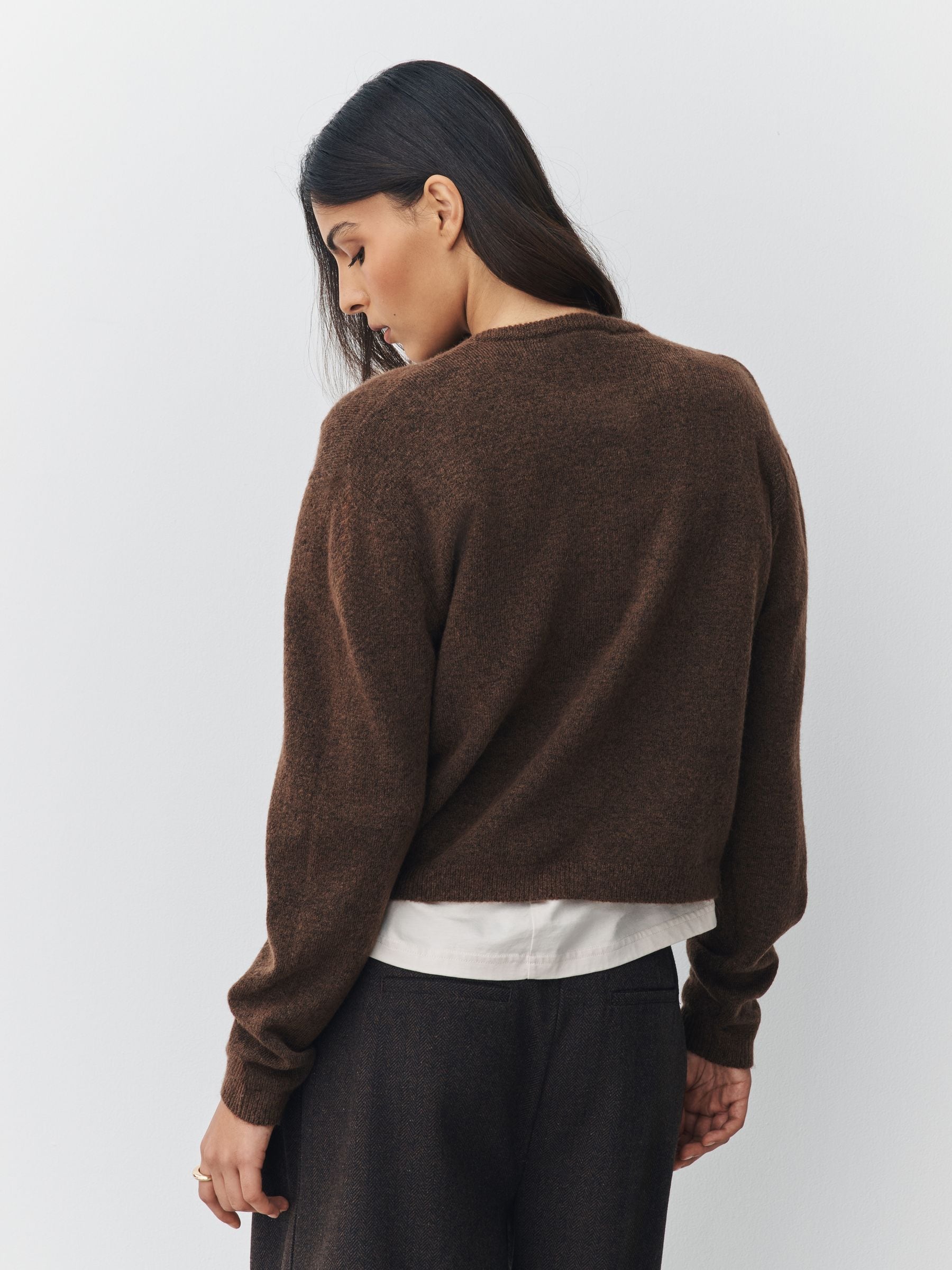 Chocolate Brown Crew Neck Wool-Blend Cardigan