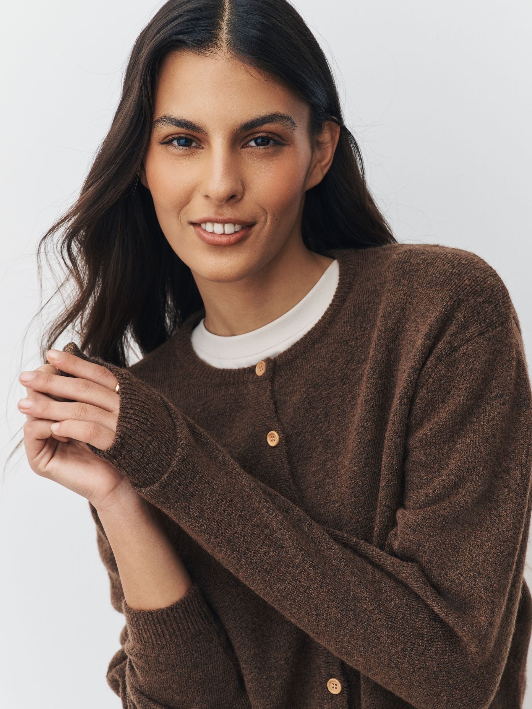 Chocolate Brown Crew Neck Wool-Blend Cardigan