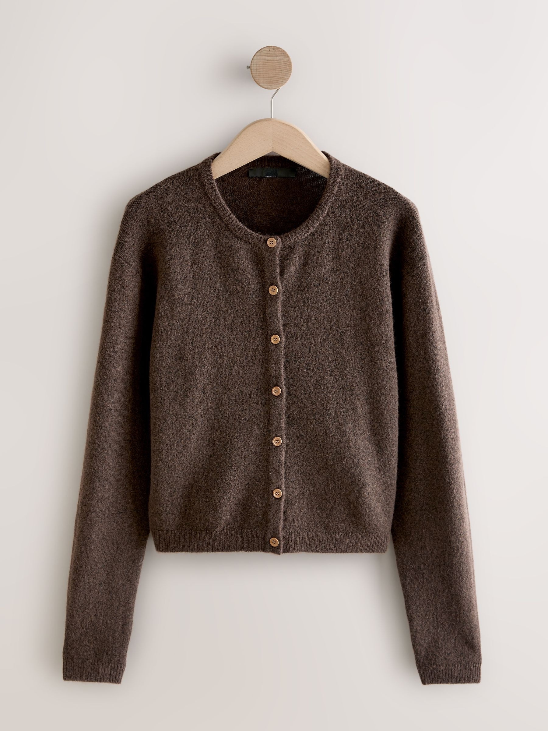 Chocolate Brown Crew Neck Wool-Blend Cardigan