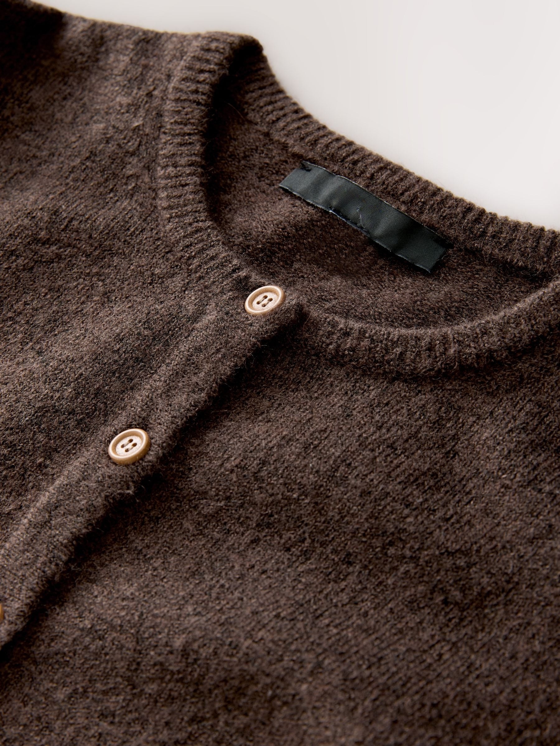 Chocolate Brown Crew Neck Wool-Blend Cardigan