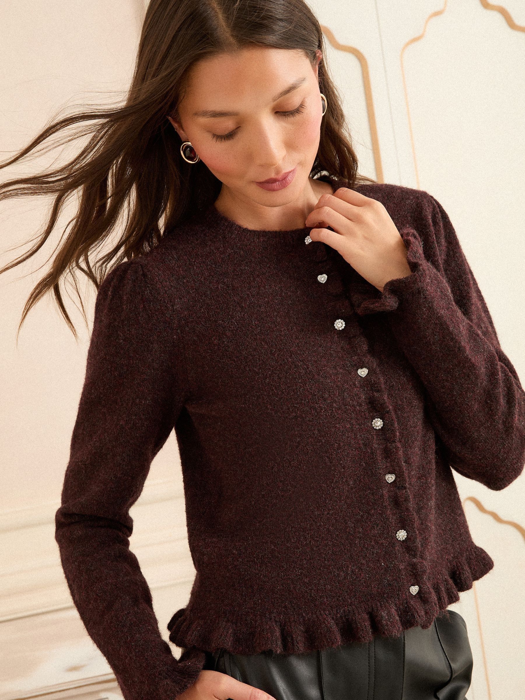 Chocolate Brown Frill Button Cardigan