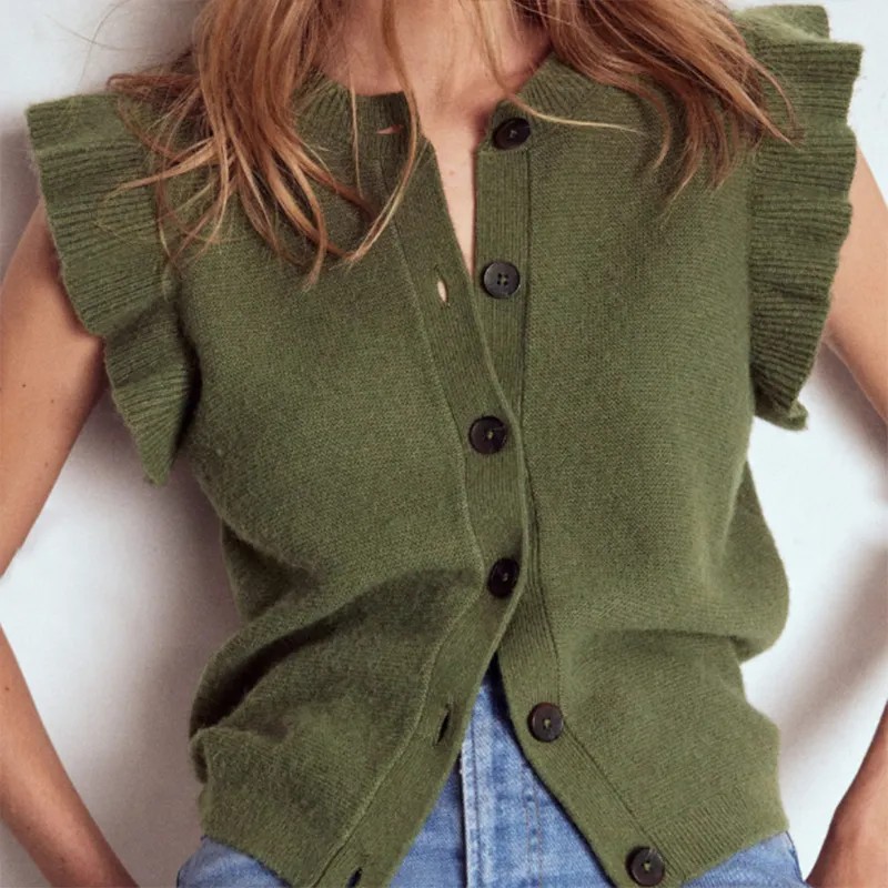 Green Ruffle Sleeve Cotton Knit Cardigan