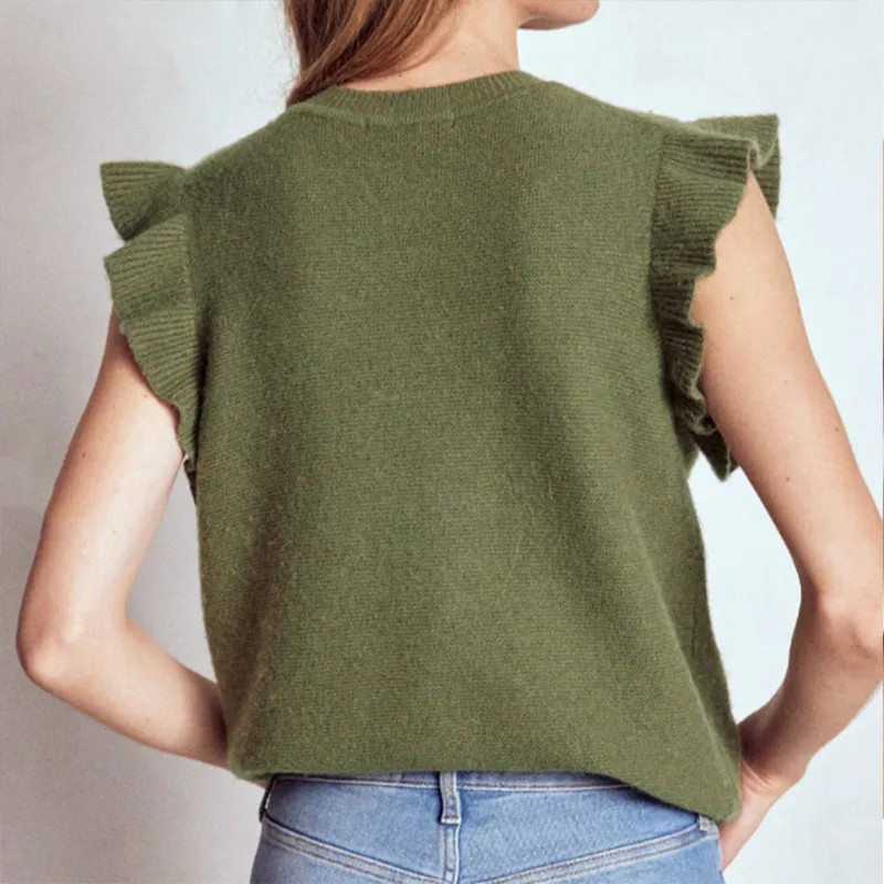 Green Ruffle Sleeve Cotton Knit Cardigan
