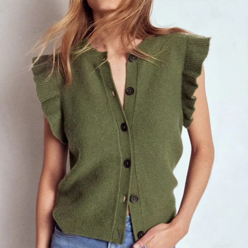 Green Ruffle Sleeve Cotton Knit Cardigan