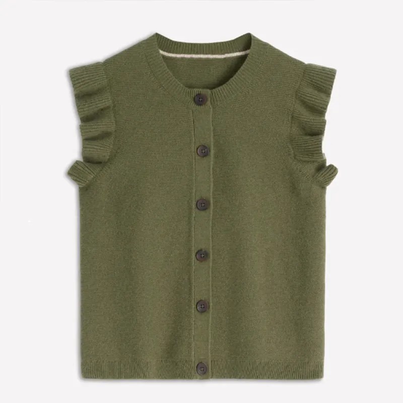 Green Ruffle Sleeve Cotton Knit Cardigan