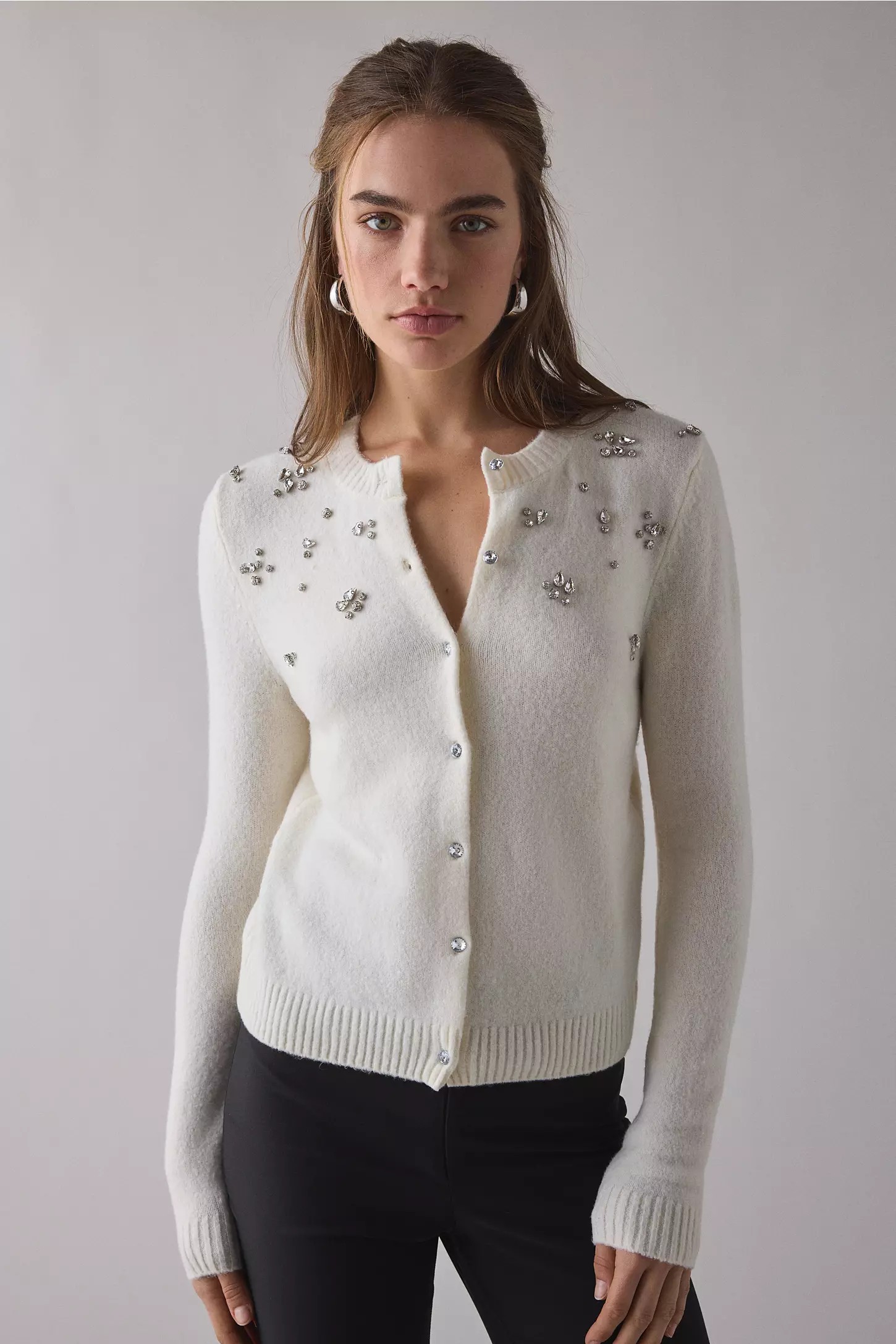 Ivory Crystal-Embellished Soft Knit Cardigan
