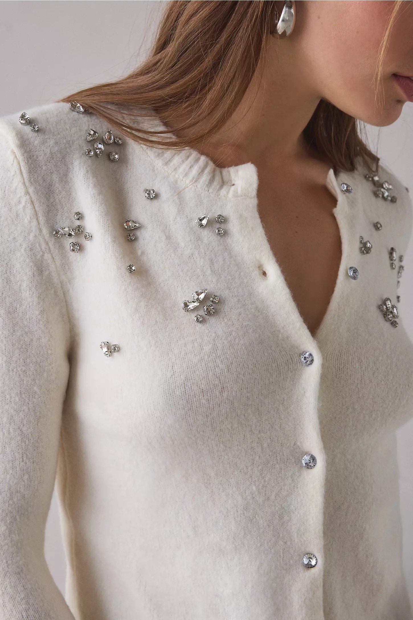 Ivory Crystal-Embellished Soft Knit Cardigan