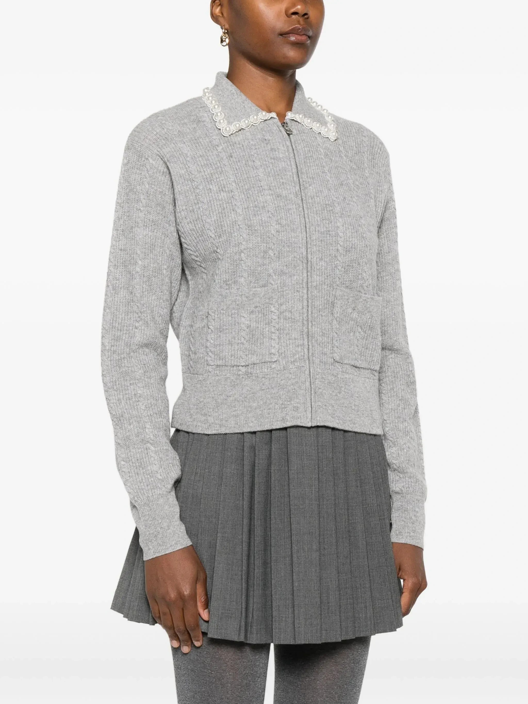 Light Gray Cable Knit Zip-Up Cardigan with Lace Trim