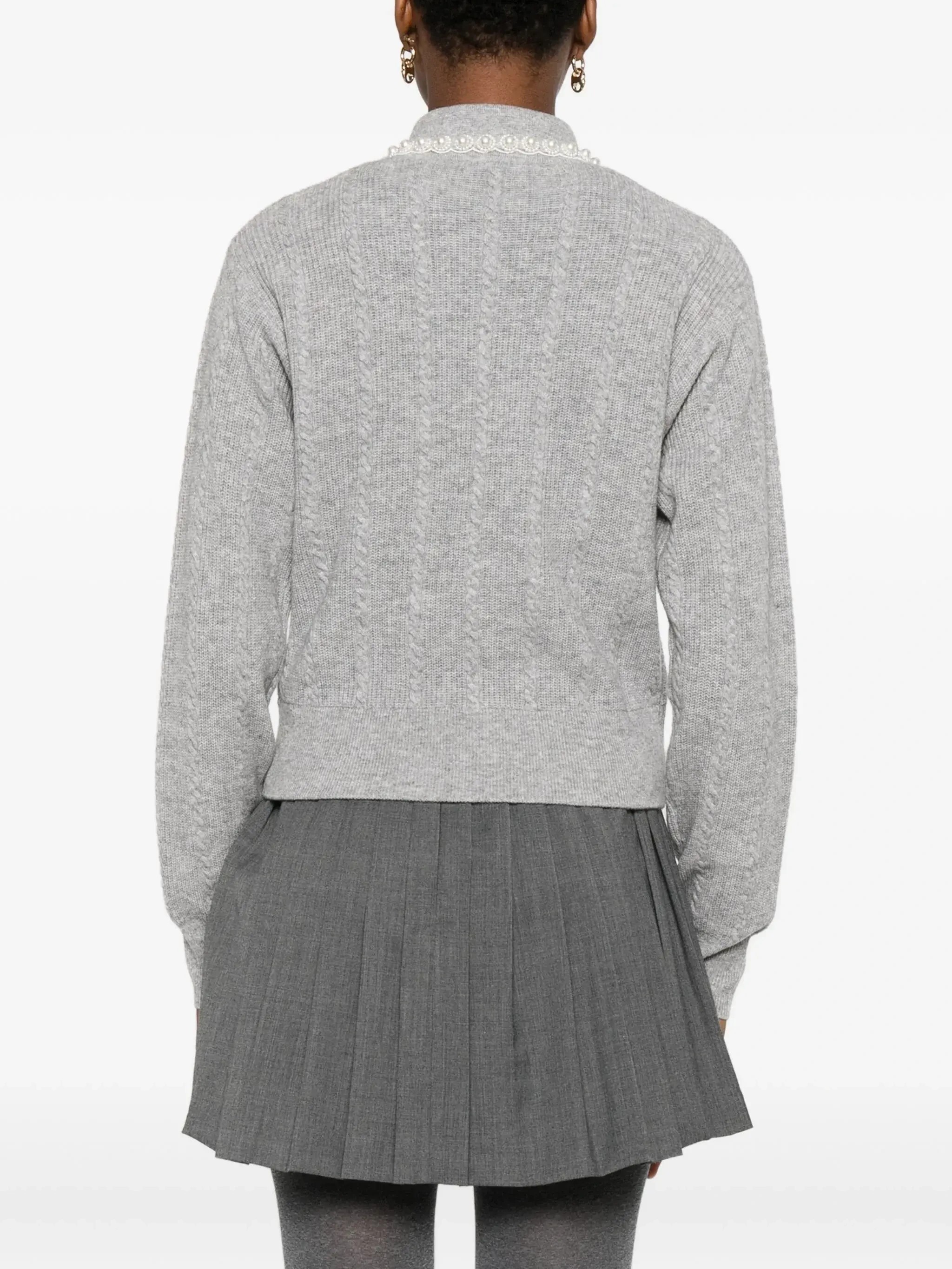 Light Gray Cable Knit Zip-Up Cardigan with Lace Trim