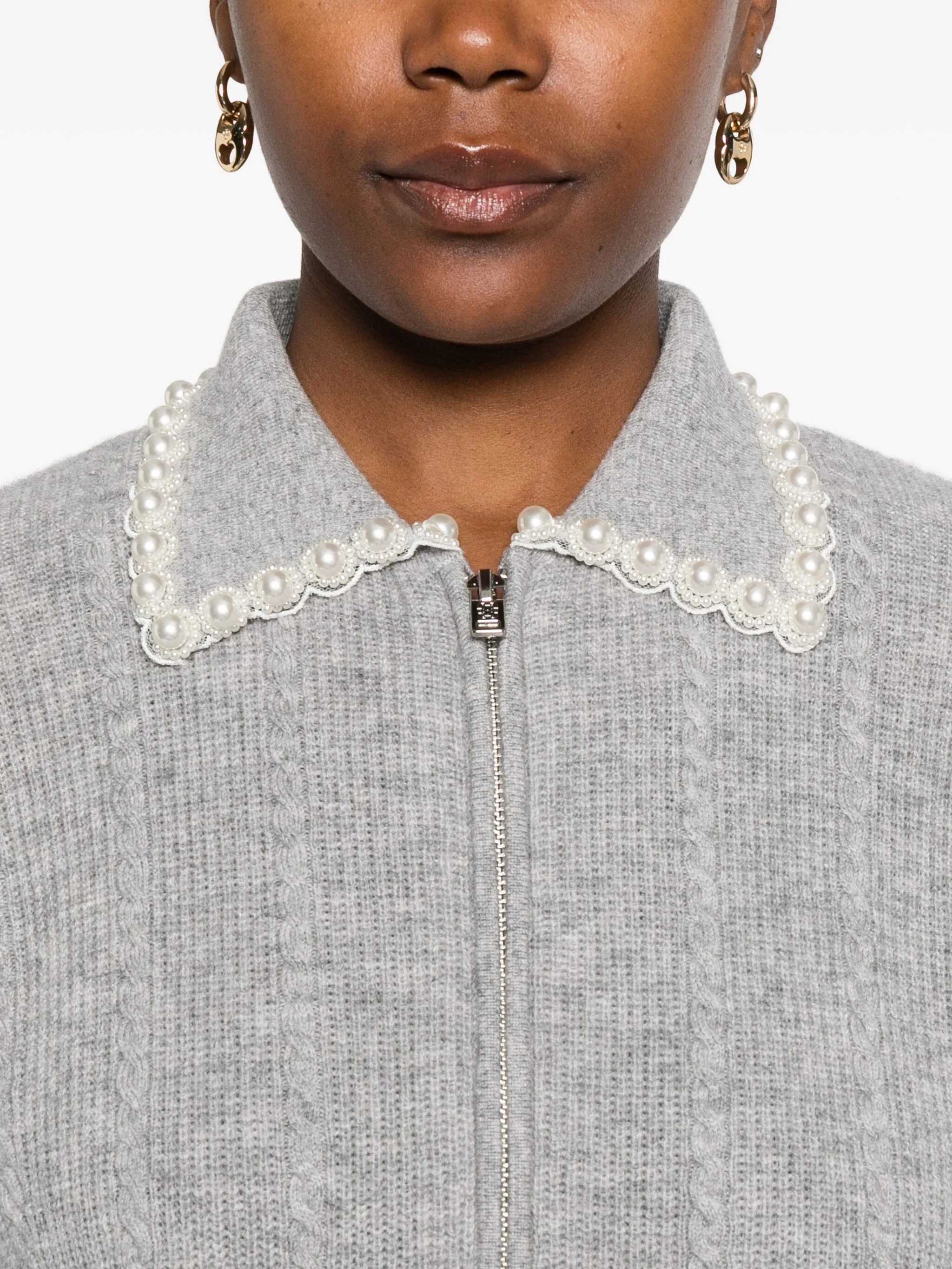 Light Gray Cable Knit Zip-Up Cardigan with Lace Trim