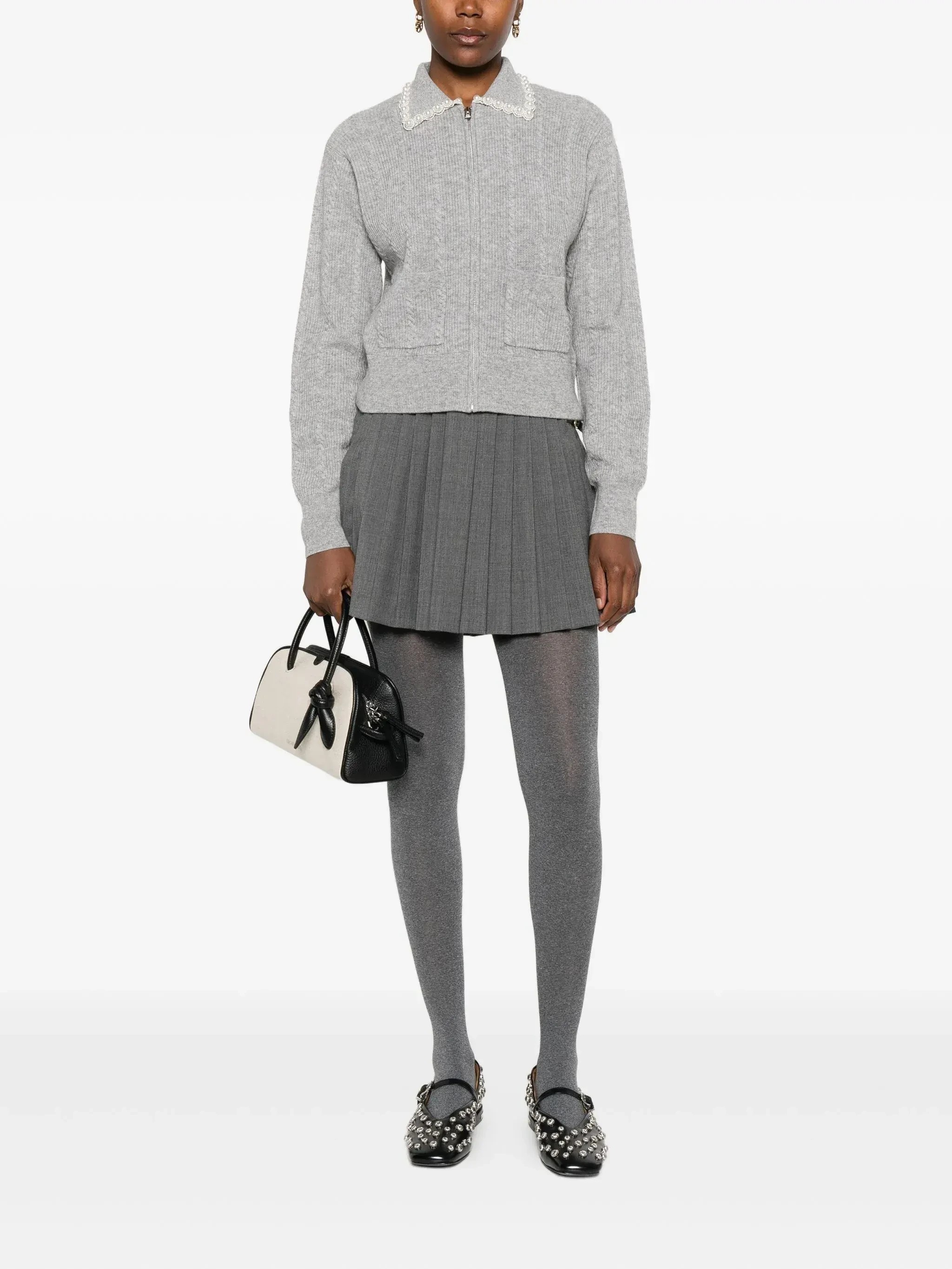 Light Gray Cable Knit Zip-Up Cardigan with Lace Trim