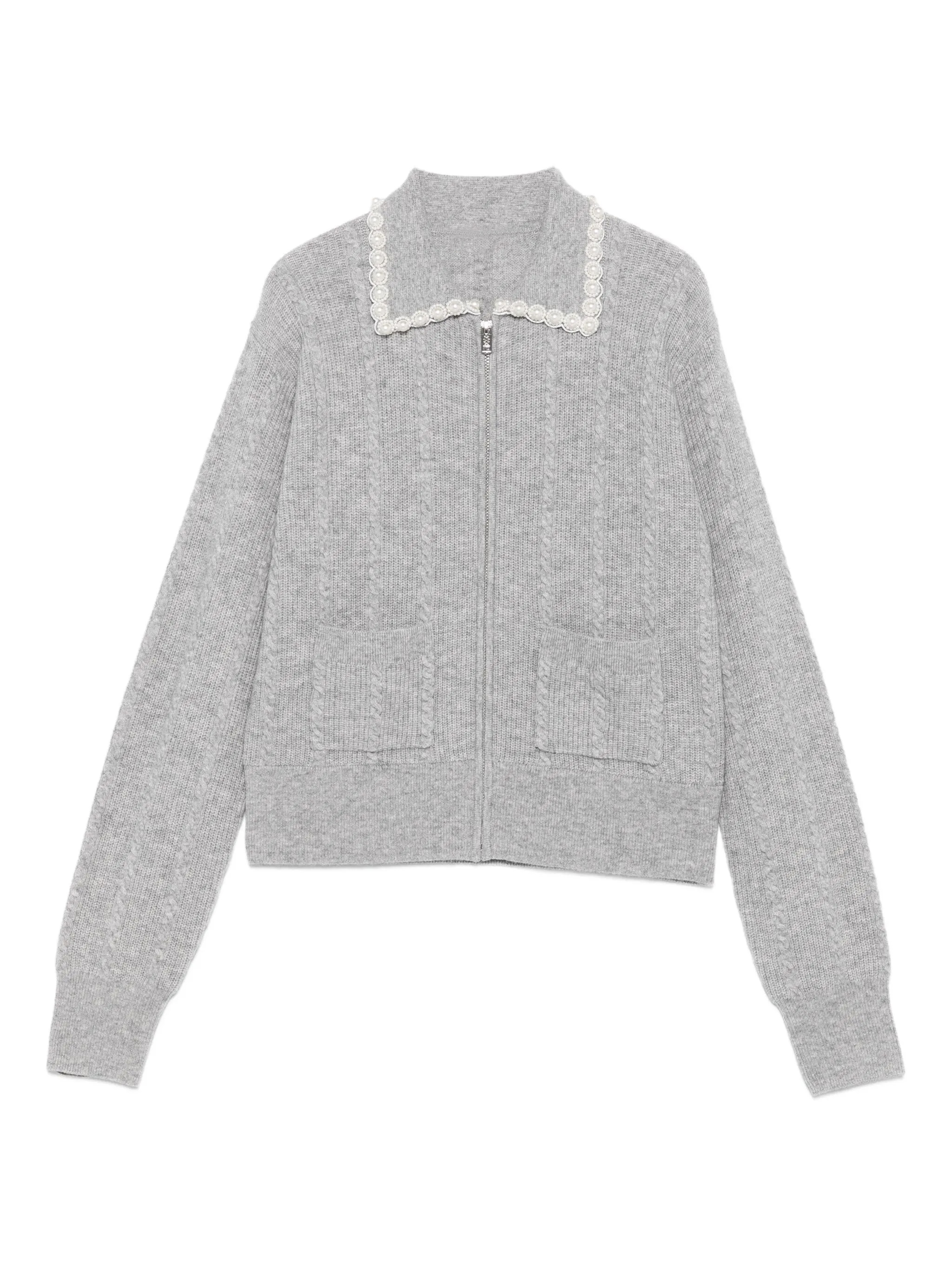 Light Gray Cable Knit Zip-Up Cardigan with Lace Trim
